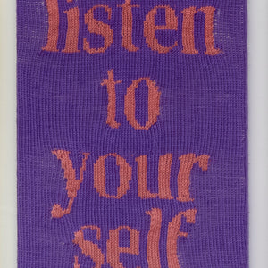 Kate Just, Listen to Yourself, 2023, from Self Care Action Series, hand knitted acrylic yarn, canvas, and timber, 55 x 40 cm