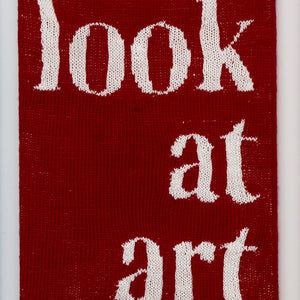 Kate Just, Look at Art, 2023, from Self Care Action Series, hand knitted acrylic yarn, canvas, and timber, 55 x 40 cm