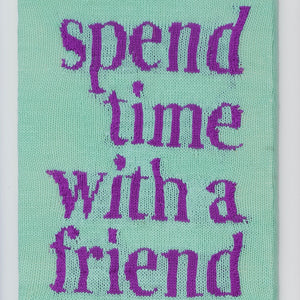 Kate Just, Spend Time with a Friend, 2023, from Self Care Action Series, hand knitted acrylic yarn, canvas, and timber, 55 x 40 cm