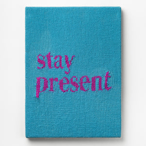 Kate Just, Stay Present, 2023, from Self Care Action Series, hand knitted acrylic yarn, canvas, and timber, 55 x 40 cm