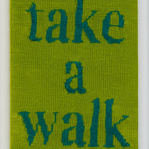 Kate Just, Take a Walk, 2023, from Self Care Action Series, hand knitted acrylic yarn, canvas, and timber, 55 x 40 cm