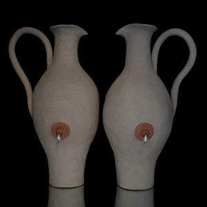 Fiona Roberts, Milk Pearl (Pair), 2024, stoneware, freshwater pearls & brass fixings, 29 x 18 x 13.5 cm each