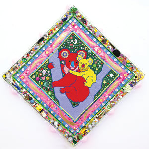 Paul Yore, Koalas (Red & Yellow), 2025, acrylic yarn needlepoint embroidery on canvas, felt, fabric, ribbon, cotton thread, laminated leaves, plastic teddy bear eyes, tassels, trim, buttons, beads, sequins, glitter, glass, shells, found objects, eyelets, LED light, wood, adhesive, fixtures, and enamel, 90 x 90.5 x 5 cm