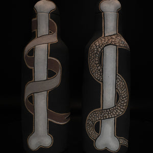 Fiona Roberts, Ribbon and Bone / Snake and Bone, 2024, stoneware with underglaze, 28 x 9 x 9 cm each