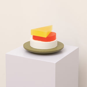 Daniel Emma, Beach Stack (on plate), 2025, resin, solid timber, and paint, 9 x 15 x 15 cm