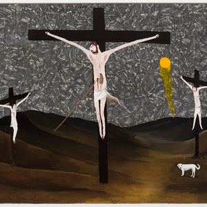 Richard Lewer, The crucifixion, 2025, acrylic on laminate tabletop, 76 x 122 cm. Photo by Christian Capurro