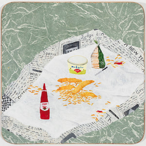 Richard Lewer, Friday night fish and chips, 2025, acrylic on laminate tabletop, 62 x 62 cm. Photo by Christian Capurro