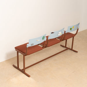 Daniel Emma, Stadium Seating, 2025, powdercoated steel, Kvadrat wool upholstery, acrylic, and magnets, 81 x 160 x 57 cm