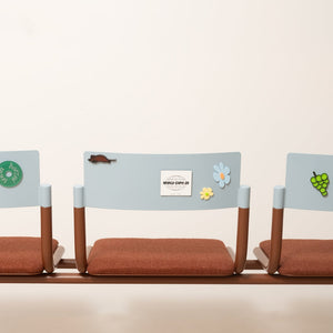 Daniel Emma, Stadium Seating (detail), 2025, powdercoated steel, Kvadrat wool upholstery, acrylic, and magnets, 81 x 160 x 57 cm