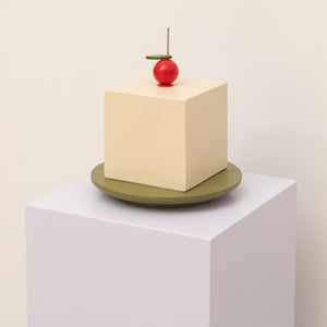 Daniel Emma, Tofu Bell with Cherry (on plate), 2025, solid timber, paint, acrylic, aluminium, and bell, 20 x 15 x 15 cm