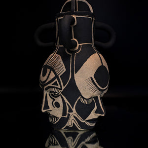Fiona Roberts, Triple Faced Urn, 2024, stoneware with underglaze, 29 x 21.5 x 21 cm