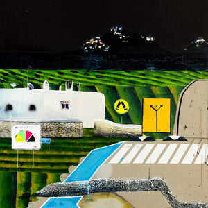 William Mackinnon, Hotel California/Ibiza, 2023, acrylic, oil, automotive enamel, and glitter on linen, 200 x 150 cm