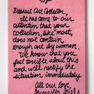 Kate Just, Dearest Art Collector reprise (2024) knitted homage to The Guerrilla Girls, Dearest Art Collector (1986), 2024, hand knitted acrylic yarn, canvas, and timber, 109 x 74 cm