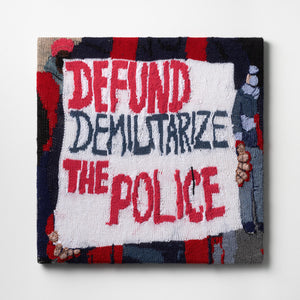 Kate Just, Defund Demilitarize The Police, 2021-22, knitted wool, 66.5 x 66.5 cm
