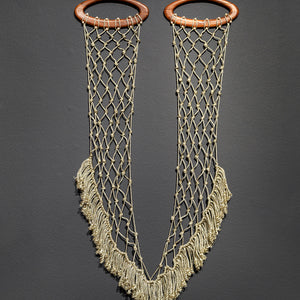 Sera Waters, Handled Nets, 2022, found handles, silver rope, beads, cotton, 113 x 30 cm