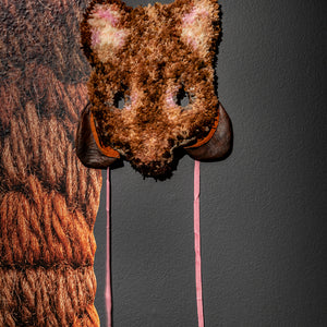Sera Waters, Woylie (with pockets), 2022, repurposed Latch hook wool/fibres, leather, felt, cotton, trim, 40 x 33 cm