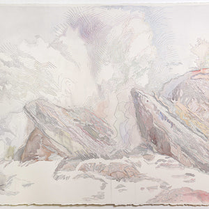 Amy Joy Watson, Waves and Rocks, 2016, metallic thread and watercolour on paper, 103 x 154 cm
