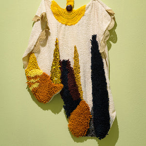 Sera Waters, Telling tales on Terry Towelling: Sweat, stains, glares and piles, 2017, towel, wool, cotton, fox fur, found beads and found fabric, 80 x 30 cm