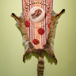 Sera Waters, Telling tales on Terry Towelling: The Lost Flock (Foxy Tales), 2017 towel, wool, cotton, fox fur, found beads and found fabric, 120 x 75 cm