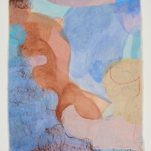 Jahnne Pasco-White, Watery Entanglements 2, 2023, plum skin, apricot skin, rice glue, bamboo fibre, cotton, linen, plant-based crayons, plant-based paints, beeswax crayons, pencil, pastel, acrylic, oil stick, raw earth pigments, reclaimed and recycled oil pigments on canvas, 185 x 145 cm. Photography by Sam Roberts