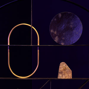 Min Wong, Woo woo workout (detail), 2021, steel, paint, brass, hinges, pyrite, hematite and smokey quartz, 160 x 160 x 70 cm