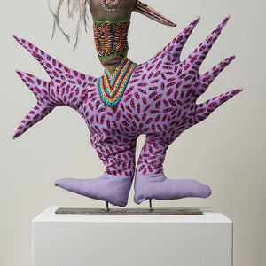 Rhonda Sharpe, Bird, 2022, ixed media, hand-printed fabric, emu feathers, 66 x 66 x 18 cm irreg.