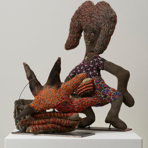 Rhonda Sharpe, Girl with Billycan, Cup of Tea and Fire, 2022, mixed media and found materials 55 x 32 x 16 cm irreg. (Girl) 30 x 40 x 20 cm irreg. (Fire)