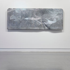 Binygurr Wirrpanda, Mäna at Lutumba (80-22) (installation view), 2022, etching on found metal sign, 90 x 234 cm