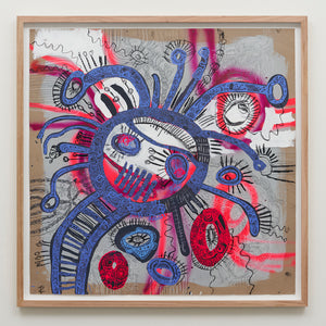Zaachariaha Fielding, Untitled (188-22AS), 2022, acrylic, spray paint, pencil and charcoal on cardboard, 125.5 x 125.5 cm framed
