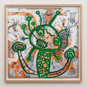 Zaachariaha Fielding, Untitled (187-22AS), 2022, acrylic, spray paint, pencil and charcoal on cardboard, 125.5 x 125.5 cm framed
