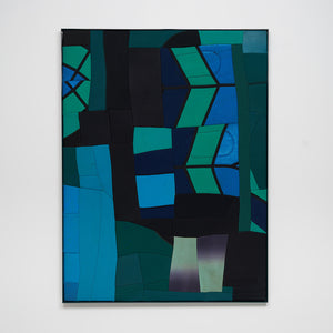 Henry Jock Walker, Green Boat in Motion, 2021, stretched found Neoprene, pow-der coated aluminium frame, 122 x 92 cm