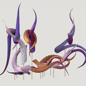 Julia Robinson, Beatrice, 2019–20, silk, thread, felt, steel, brass, gold-plated copper, foam, cardboard, pins, fixings, 300 x 380 x 270 cm, for the Adelaide Biennial of Australian Art: Monster Theatres, 2020