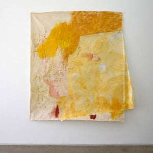 Jahnne Pasco-White, becoming-with 14, 2019, acrylic, paper, oil, wattle, lilly pilly berries, grass, lichen, limestone, pencil, crayon, oil pastel, pigment, cement oxide, cotton, paper, flowers on canvas, 230 x 180 cm