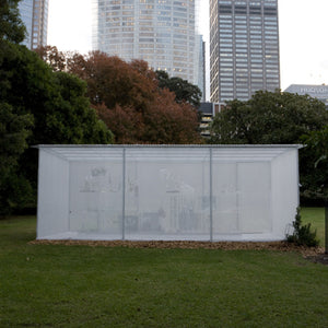 Janet Lawrence, Waiting: A Medicinal Garden for Ailing Plants, 2010, Australian native plants, laboratory glass, blown glass, steel, horticultural mesh, acrylic, salt, amethyst, medical silicon tubing, water and various fluids, ink-jet prints and screen prints on acrylic, water crystals, tulle, carbon, sulphur, various plant seeds, charred wood and plants, water pumps and ash, installation dimensions variable, at the Royal Botanic Gardens, Sydney for the Sydney Biennale 2010