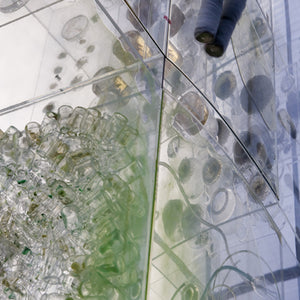 Janet Lawrence, Waiting: A Medicinal Garden for Ailing Plants, 2010, Australian native plants, laboratory glass, blown glass, steel, horticultural mesh, acrylic, salt, amethyst, medical silicon tubing, water and various fluids, ink-jet prints and screen prints on acrylic, water crystals, tulle, carbon, sulphur, various plant seeds, charred wood and plants, water pumps and ash, installation dimensions variable, at the Royal Botanic Gardens, Sydney for the Sydney Biennale 2010