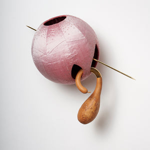 Julia Robinson, Falling Cloudberry, 2018, gourd, silk, thread, pins, brass, steel, padding, and other mixed media, 80 x 80 x 60 cm irreg