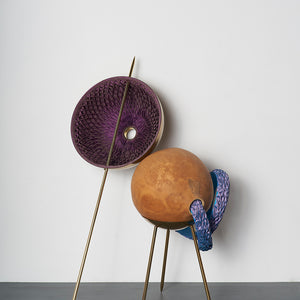 Julia Robinson, Plum Partlet, 2018, gourd, silk, thread, pins, brass, powder-coated steel, mixed media, 100 x 60 x 50 cm irreg