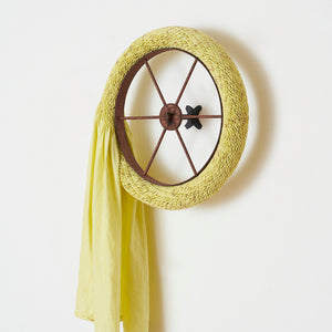 Julia Robinson, Sunwise and Widdershins, 2022, linen, thread, wheel, steel, 95 x 60 x 20 cm
