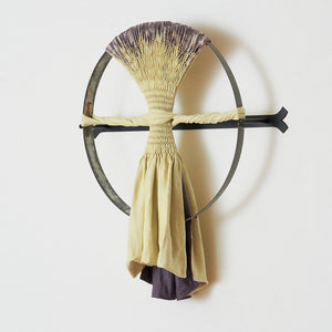 Julia Robinson, The Season to destroy you, 2022, linen, thread, barrel hoop, steel, fixings, 90 x 70 x 20 cm