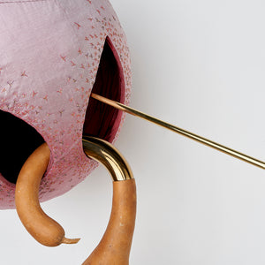 Julia Robinson, Falling Cloudberry (detail), 2018, gourd, silk, thread, pins, brass, steel, padding, and other mixed media, 80 x 80 x 60 cm