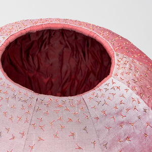 Julia Robinson, Falling Cloudberry (detail), 2018, gourd, silk, thread, pins, brass, steel, padding, and other mixed media, 80 x 80 x 60 cm
