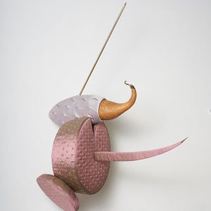 Julia Robinson, Fool’s Rondel, 2018, gourd, silk, thread, pins, eyelets, brass, gold plating, steel, padding, and other mixed media, 110 x 80 x 80 cm irreg