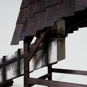 Julia Robinson, Structure for navigating an unknown afterlife, 2016, blackened cedar shingles, linen, ink, timber (cedar, Tasmanian oak), MDF, fixings, 300 x 460 x 100 cm irreg