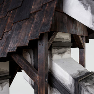Julia Robinson, Structure for navigating an unknown afterlife, 2016, blackened cedar shingles, linen, ink, timber (cedar, Tasmanian oak), MDF, fixings, 300 x 460 x 100 cm irreg