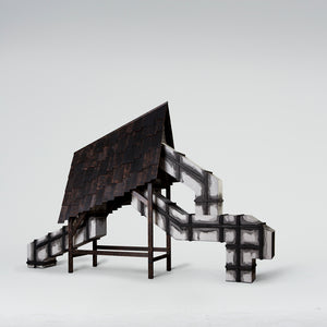 Julia Robinson, Structure for navigating an unknown afterlife, 2016, blackened cedar shingles, linen, ink, timber (cedar, Tasmanian oak), MDF, fixings, 300 x 460 x 100 cm irreg