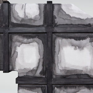 Julia Robinson, Structure for navigating an unknown afterlife, 2016, blackened cedar shingles, linen, ink, timber (cedar, Tasmanian oak), MDF, fixings, 300 x 460 x 100 cm irreg
