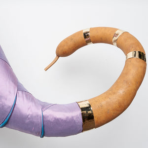 Julia Robinson, Sweet Belly (detail), 2018, gourd, silk, thread, pins, brass, gold plating, steel, and other mixed media, 130 x 100 x 50 cm irreg