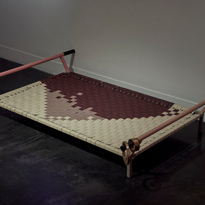 Min Wong, Relax and release, 2018, leather, steel, paint, rubber, brass & brass rivets, 161 x 122 x 33 cm