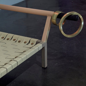 Min Wong, Relax and release (detail), 2018, leather, steel, paint, rubber, brass & brass rivets, 161 x 122 x 33 cm