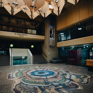 Sera Waters, An Expanse of Eons, 2020-21, hightac vinyl, 7.0 x 5.5 m, installation view at Sir Robert Helpmann Theatre, Mount Gambier 2021. Commissioned by Country Arts SA. Photography by Astyn Reid